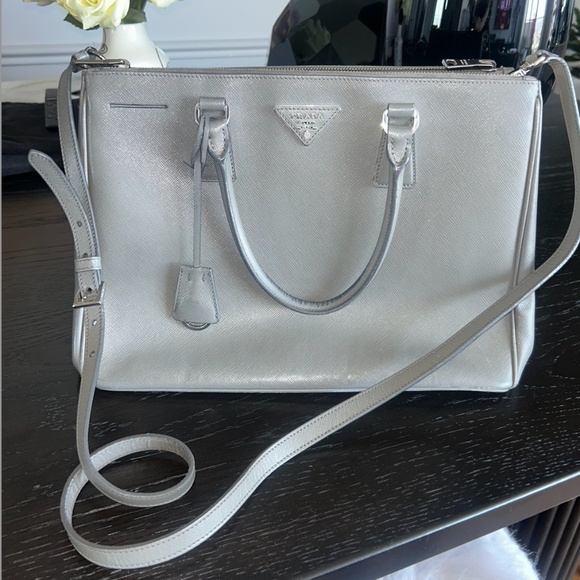 PRADA Saffiano Lux Large Galleria Double Zip Tote Marmo Gray + Siliver - Picture 1 of 14